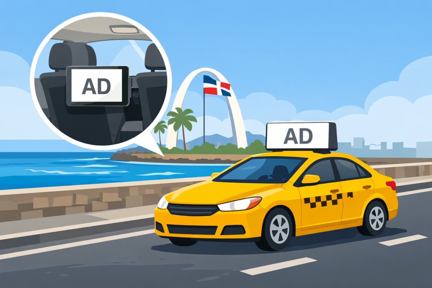 Taxi con publicidad PuMoAds en ciudad moderna