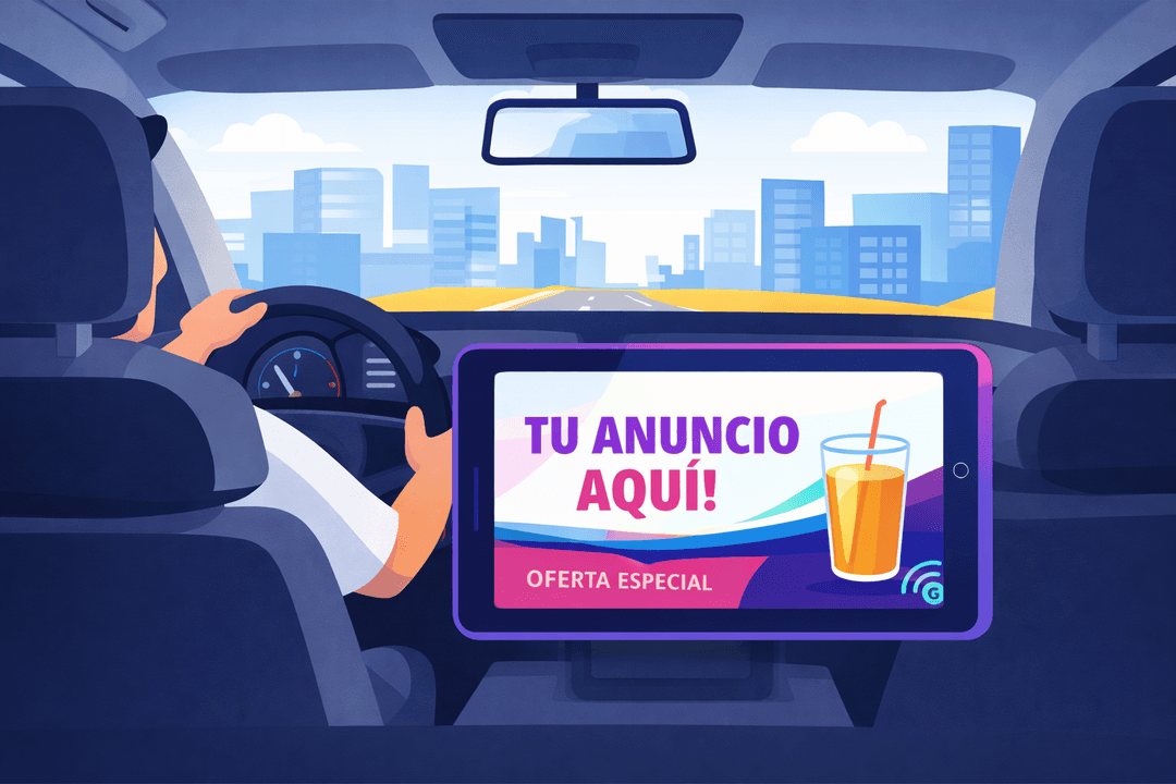 Tablet en taxi mostrando anuncios en ruta